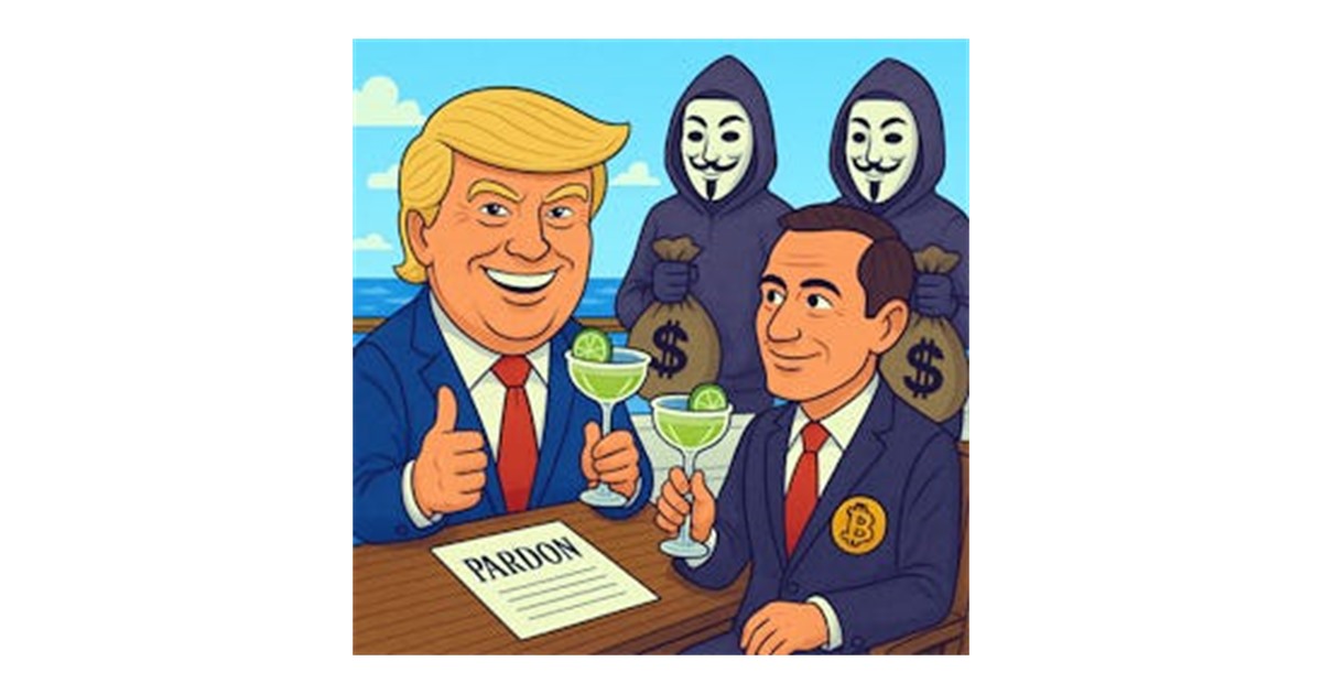 Cartoon of Donald Trump holding a pardon document beside two masked figures and a man with Bitcoin symbols.